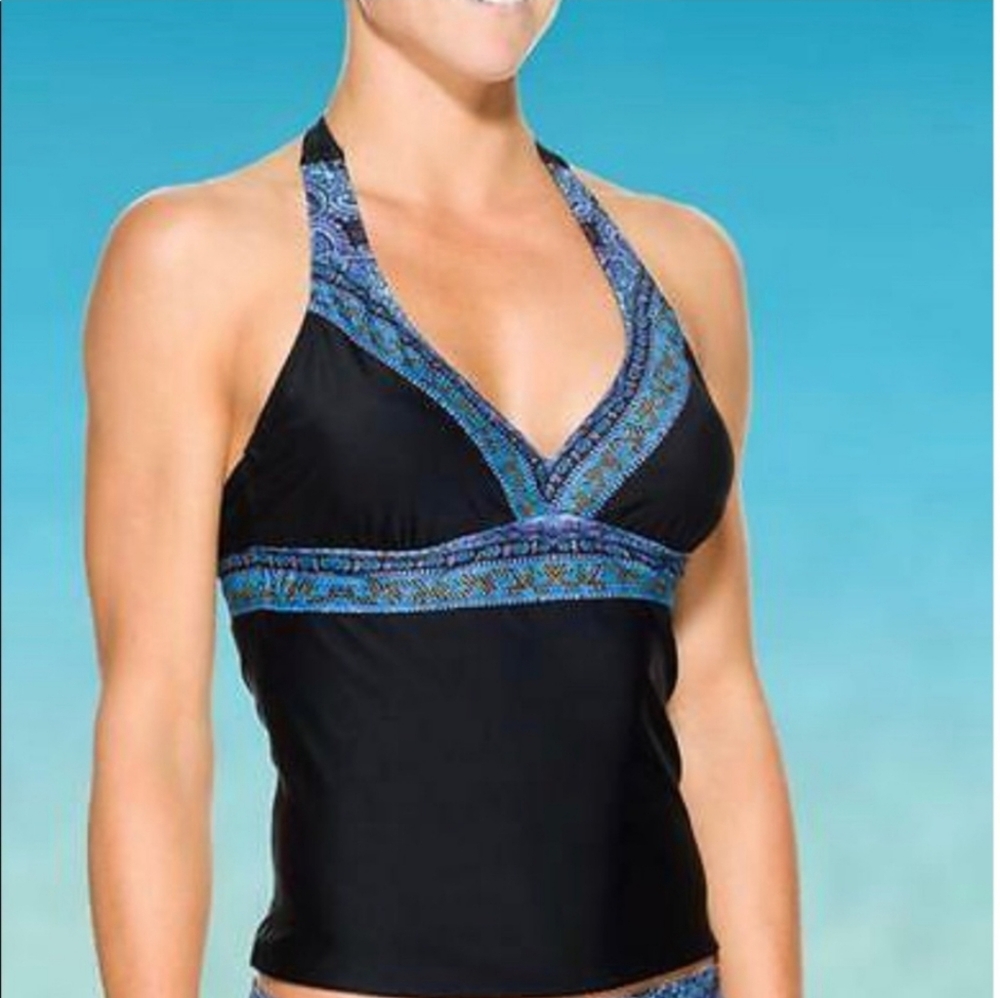 Athleta Lucaya Black Boho Border Halter Swim Top - Size 36D/DD
